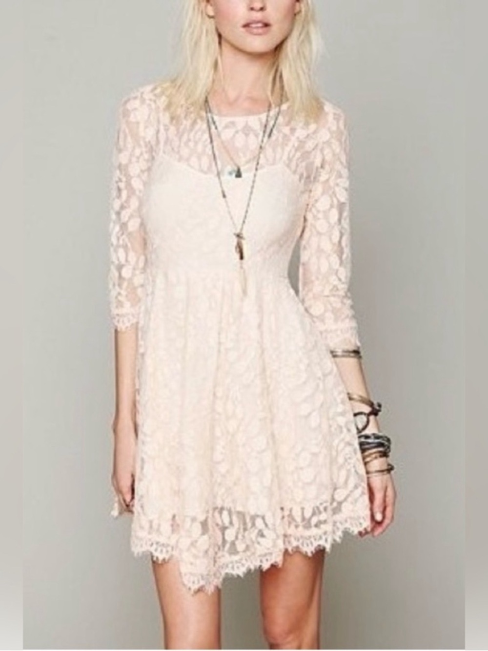 Free People Floral Mesh Lace Overlay 3/4 Sleeve Peach Knee Length Flare 4 Dress